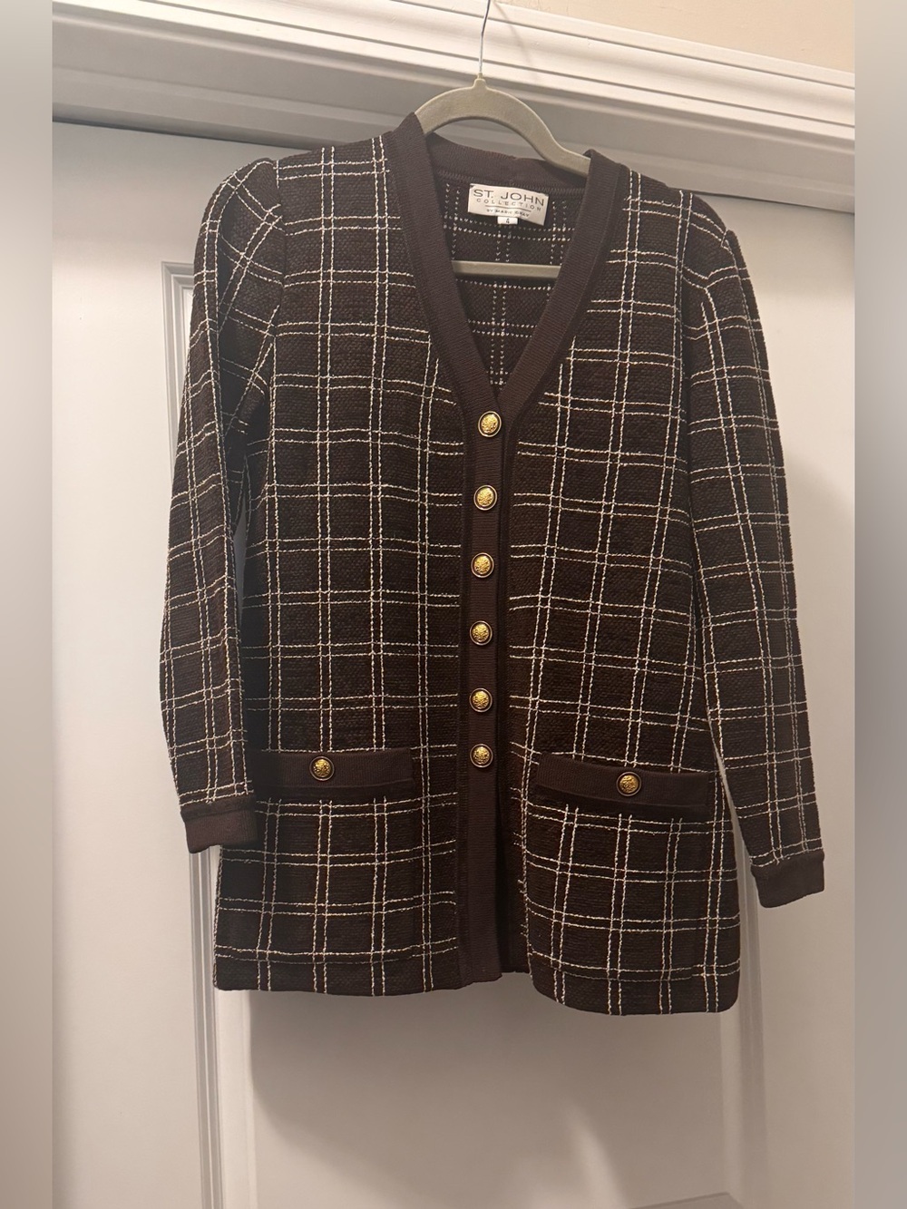 St. John Brown and Cream Windowpane Knit Cardigan with Gold Buttons